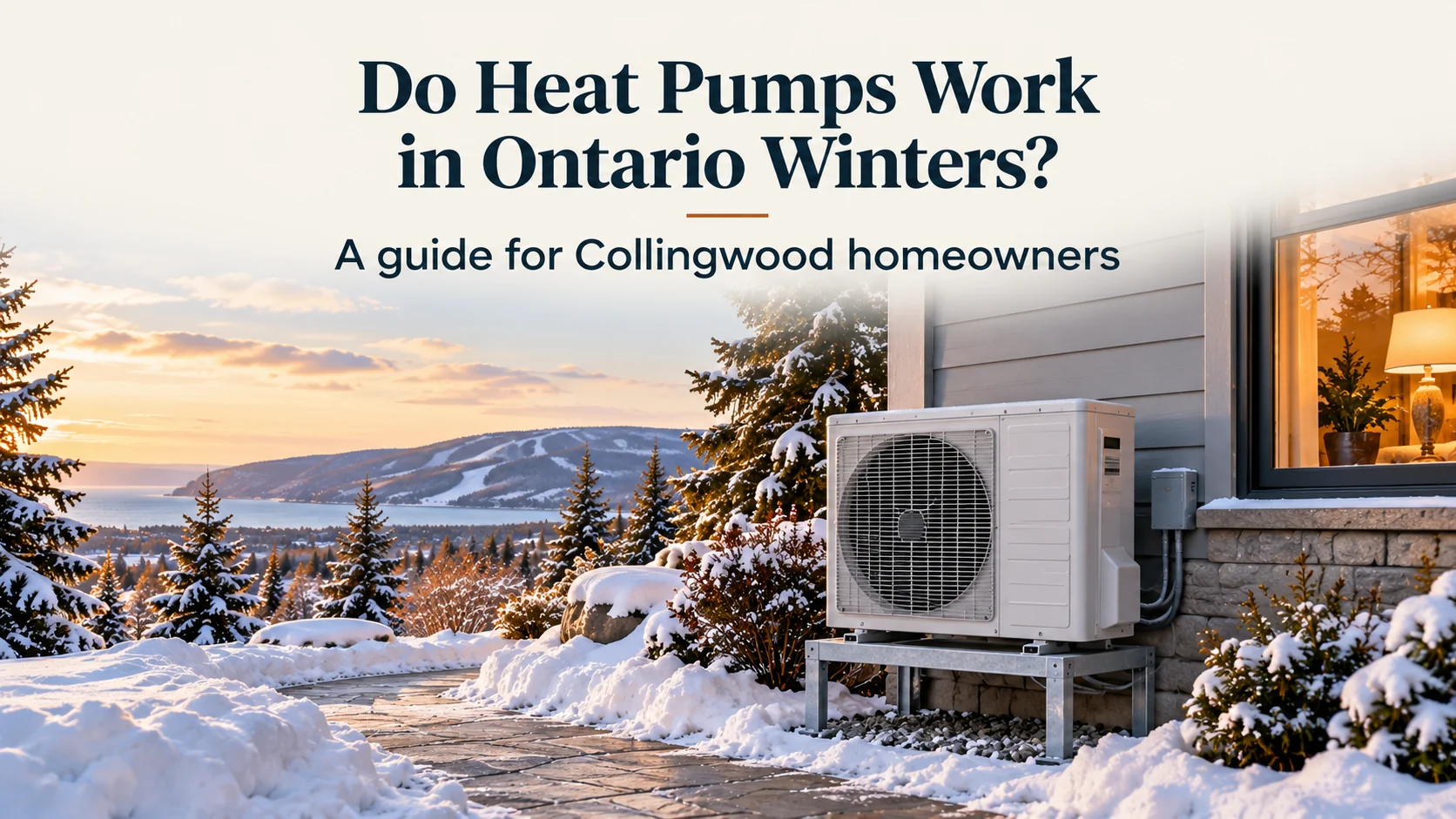 Outdoor heat pump beside a snowy Ontario home, with the headline Do Heat Pumps Work in Ontario Winters?