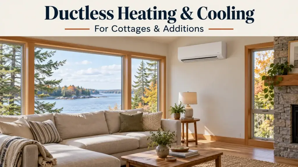 Illustration of a wall-mounted ductless heat pump in a cottage addition overlooking Georgian Bay.