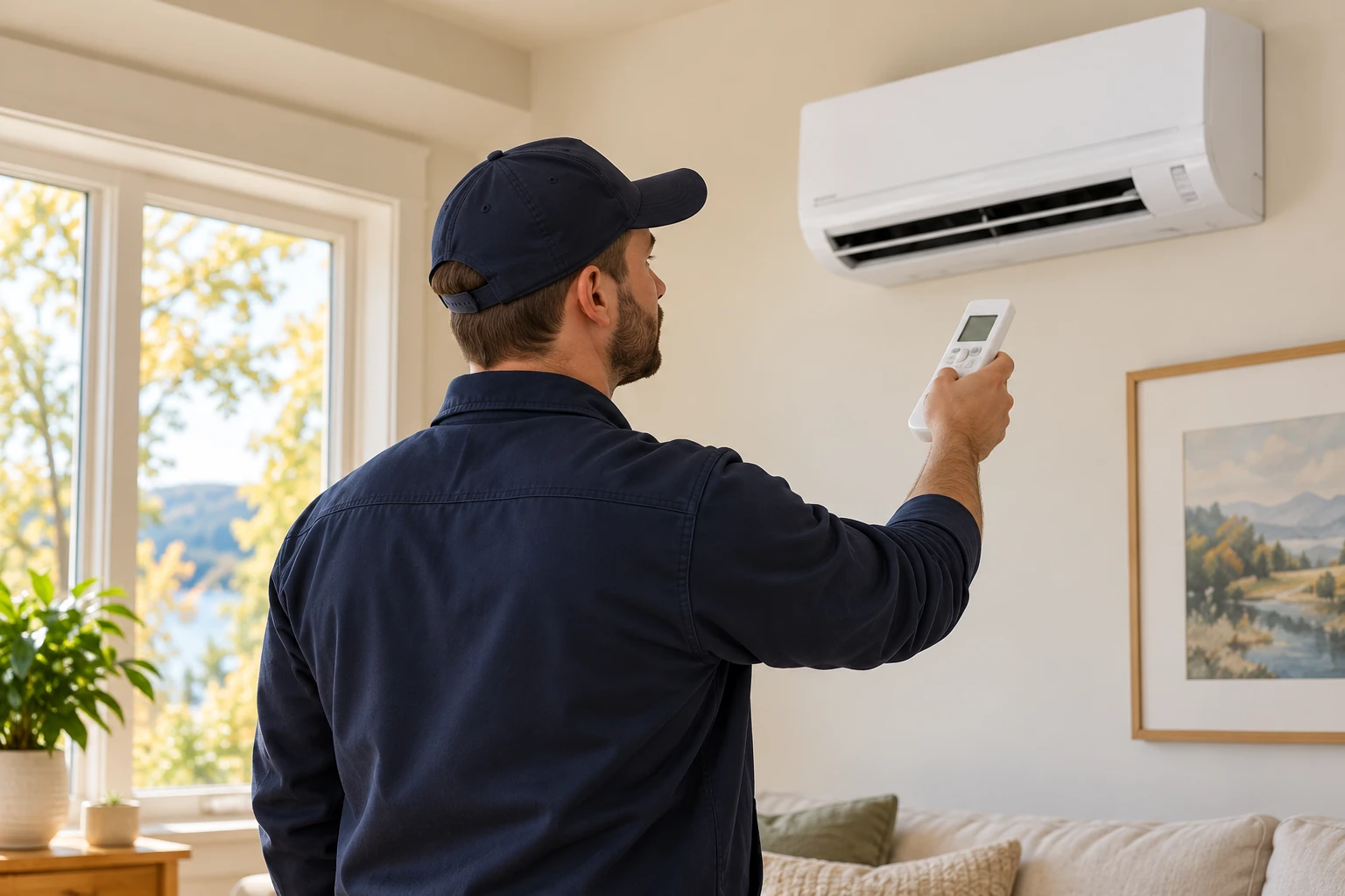 Technician checking a wall-mounted ductless mini-split with a remote control