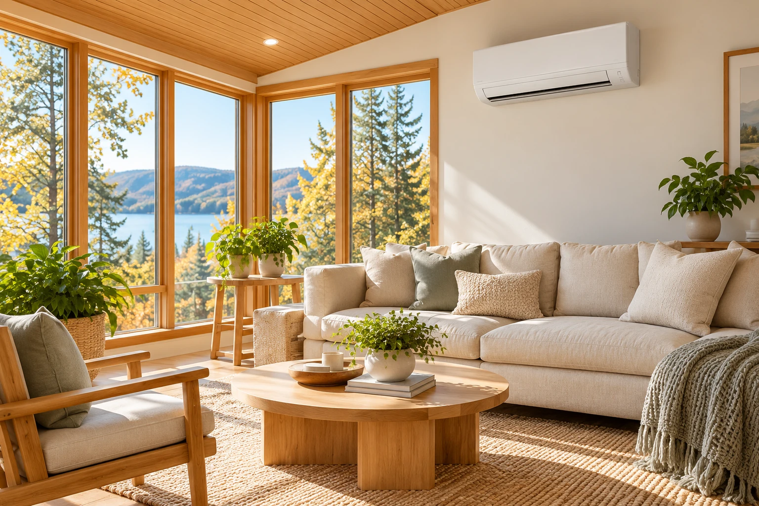 Wall-mounted ductless air conditioner in a bright sunroom