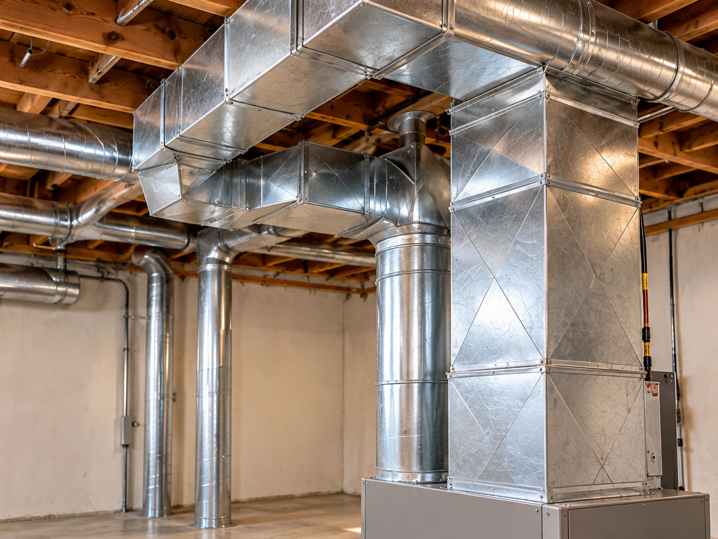 Galvanized ductwork installed under residential basement joists