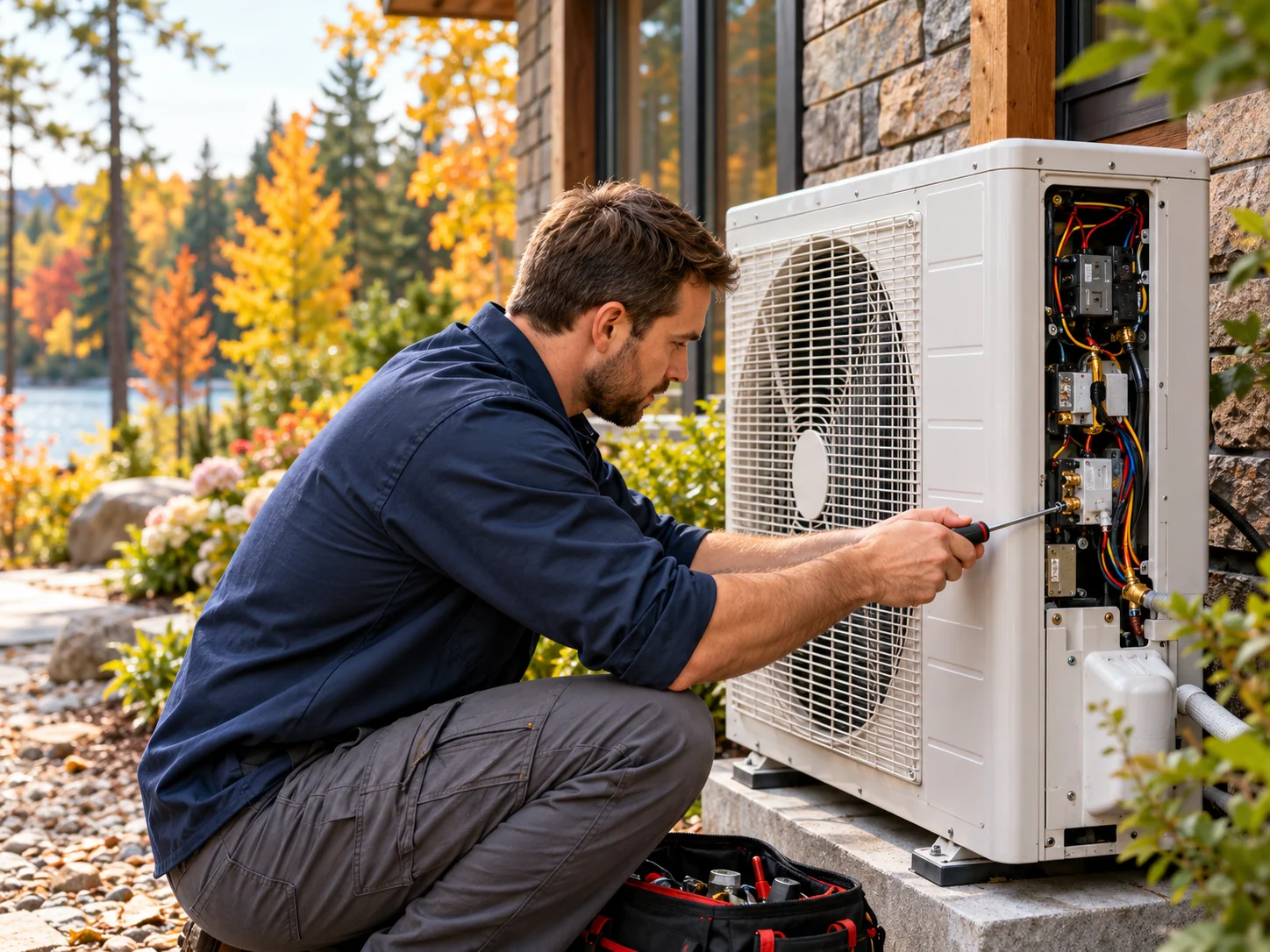 Close-up of a technician inspecting a heat pump service compartment