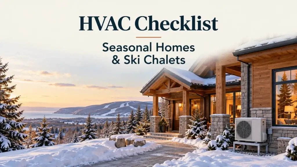 Winter ski chalet with an outdoor heat pump and a clear entrance path