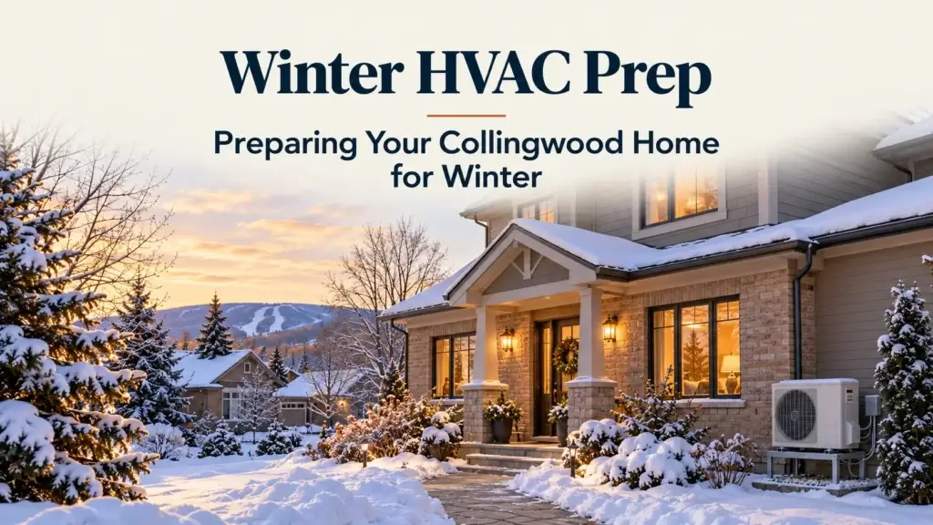 Snow-covered Collingwood-style home with warm windows and a clear walkway, with the headline Winter HVAC Prep