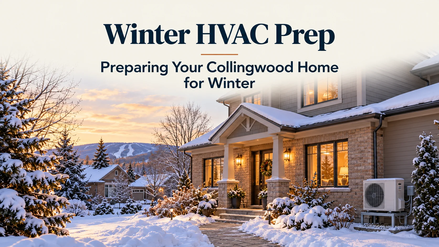 Snow-covered Collingwood-style home with warm windows and a clear walkway, with the headline Winter HVAC Prep