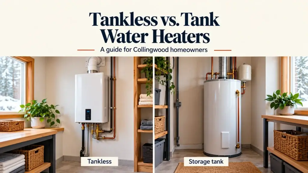 Comparison of a wall-mounted tankless water heater and a storage-tank water heater.