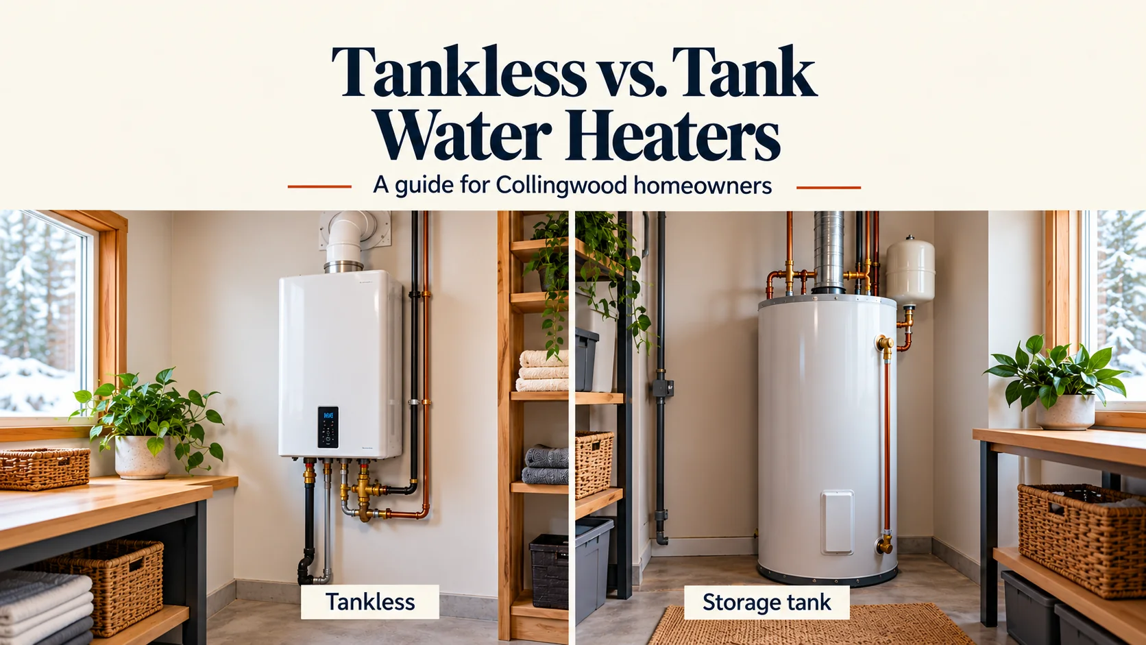 Comparison of a wall-mounted tankless water heater and a storage-tank water heater.